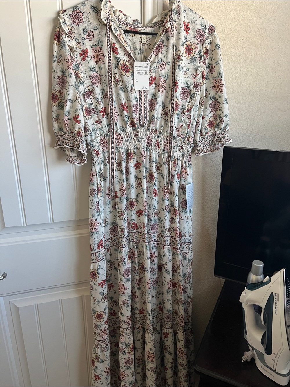 Max Studio Ivory Maxi Dress with Red & Blue Floral Print